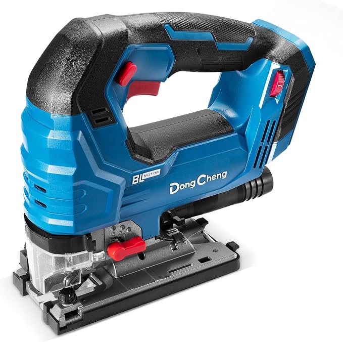 (Battery & Charger Not Included) Dong Cheng 20V Brushless Jigsaw, 26mm Stroke, 800-3500 SPM, 0-45° Bevel, 6-Speed, Orbital Action, Dual LED, Dust Blower