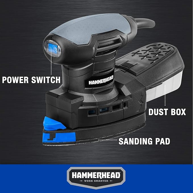 Hammerhead 1.4-Amp Multi-Function Detail Sander with 12pcs Sandpaper, Dust Collection System, and Detail Attachment - HADS014