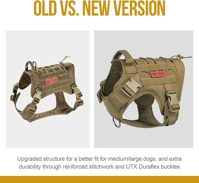 OneTigris Tactical Dog Harness with Handle No-Pull Adjustable for Large Dog | Military 1000D Pullable Nylon, Service Dog Vest with Hook & Loop Panels, Easy On & Off for Walking Hiking Training Brown L