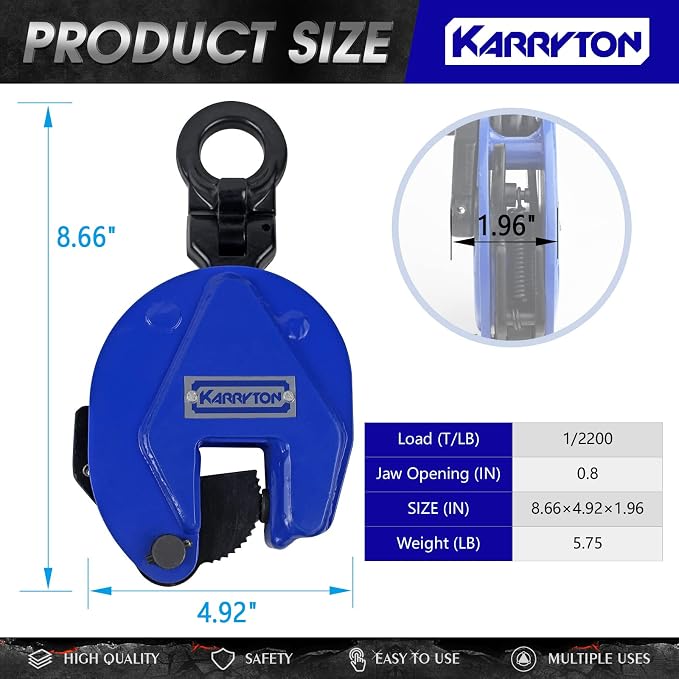 1Ton/2200LB Vertical Lifting Plate Clamp, Jaw Opening 0.8IN