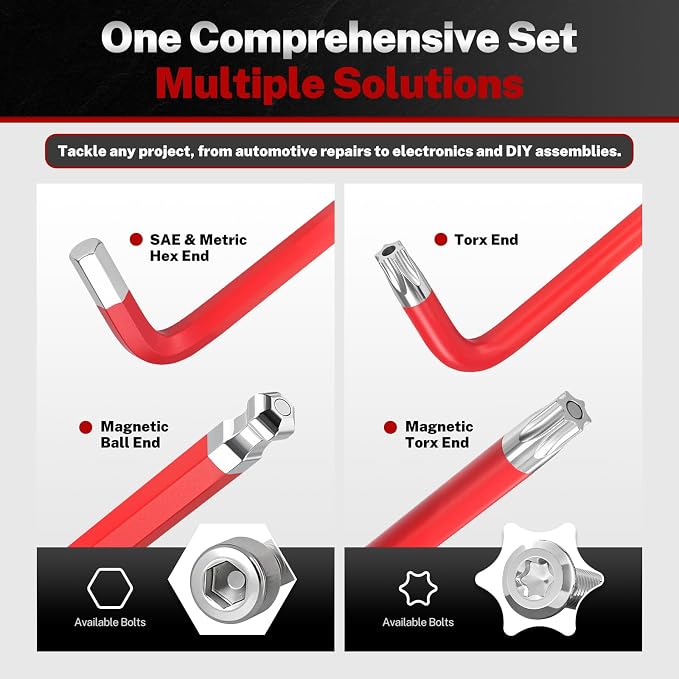 TOMMARS Allen Wrench Sets, SAE, Metric & Torx, Magnetic Ball End T-Handle | Magnetic Ball End, S2 Steel, T-Handle, SAE(1/16"-3/8"), Metric(1.5mm-10mm), TORX(T10-T50)