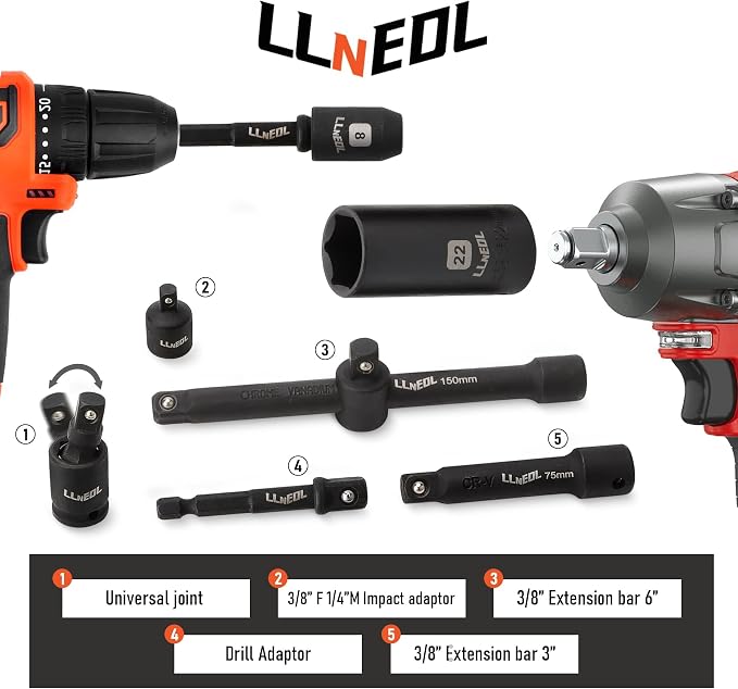 LLNEDL 3/8" Drive Impact Socket Set 95Pcs, Spark Plug Socket (5/8", 13/16") | 6 Point Metric & SAE from 5/16"- 3/4", 8-22mm, CR-V Deep & Shallow Kit with Quick Release Ratchet (72-Tooth) for Home & DIY
