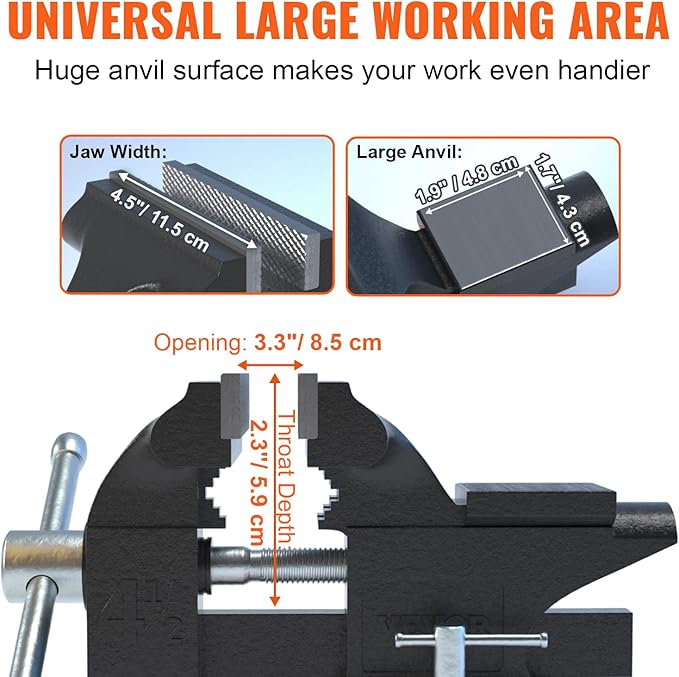 VEVOR Bench Vise, 4.5-inch Jaw Width 3.3-inch Jaw Opening, 240-Degree Swivel Locking Base Multipurpose Vise w/Anvil, Heavy Duty Cast Iron Workbench Vise w/Bolts & Nuts, for Drilling, Pipe Cutting
