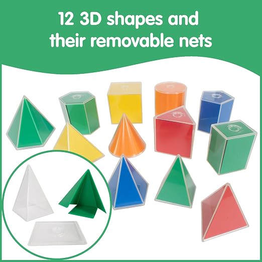 edxeducation 2D3D Geometric Solids | Set of 24 | 12 Shapes and 12 Folding Nets | Activity Guide Included | Classroom Math Manipulatives for Kids