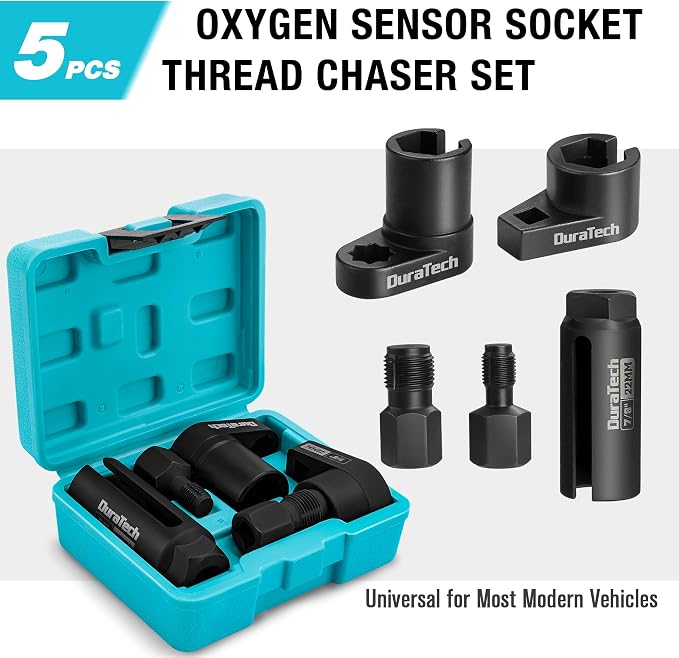 DURATECH 5PCS O2 Oxygen Sensor Socket Thread Chaser Set, 3/8" 1/2" Drive x 7/8" 22mm Oxygen Sensor Remover O2 Sensor Removal Tool Kit (Pack of 2)