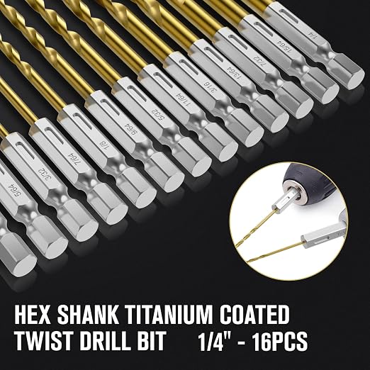 Drill Bit Set, 16Pcs 1/4" Titanium Twist Drill Bit for Sheet Metal, Wood, Plastic, Quick Change Design