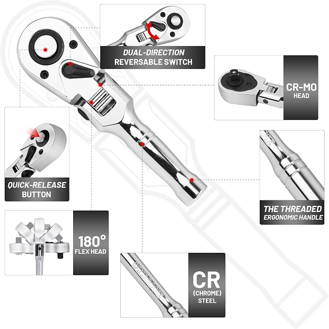 1/2 Inch Drive Stubby Ratchet Flex Head Ratchet 5.9"/150mm | 1/2 Ratchet Ratchet Wrench, Small Socket Wrench, 72 Tooth Quick Release Swivel Head Ratchet Cr-Mo Flexible Ratchet Handle