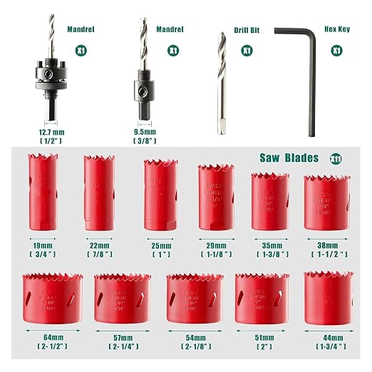 Bi-Metal Hole Saw Kit, HYCHIKA 17 Pcs High Speed Steel 3/4" to 2-1/2" Hole Saw Set in Case with Mandrels, Hole Saw Bit for Metal, Drilling PVC Board,and Plastic Plate