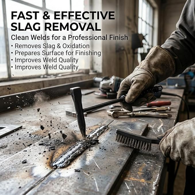Welding Chipping Hammer and Wire Brush Set, 10.5" Welding Hammer with Spring Handle and 7.87" Steel Bristle Brush, Welding-Tools for Slag, Spatter, Residue Removal(COLOR:Black)
