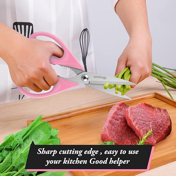 iBayam All Purpose Kitchen Scissors 2 Pack Heavy Duty Meat Food Poultry Shears with Protective Sheath, Dishwasher Safe, Soft-Grip Cute Aesthetic Gift for Women Mom Wife Her Couple Pastel Pink