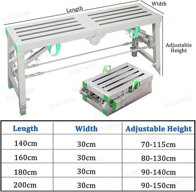 Adjustable Work Platform with 400 kg Duty Rating, Portable Multipurpose Folding Scaffolding Work Platform Scaffold Tower Ladder Stool Ben Adjustable Height, Carbon Steel Structure,160cm/5.2f