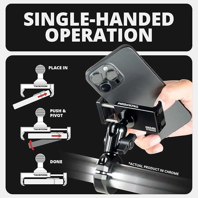 Tackform Chrome Motorcycle All Metal Phone Mount - Vibration Dampening 20MAXX Spring Cradle | Universal Clamp Fits 1-1/4" to 1-1/2" Handlebars | Compatible with iPhone, Galaxy, More | Short Reach