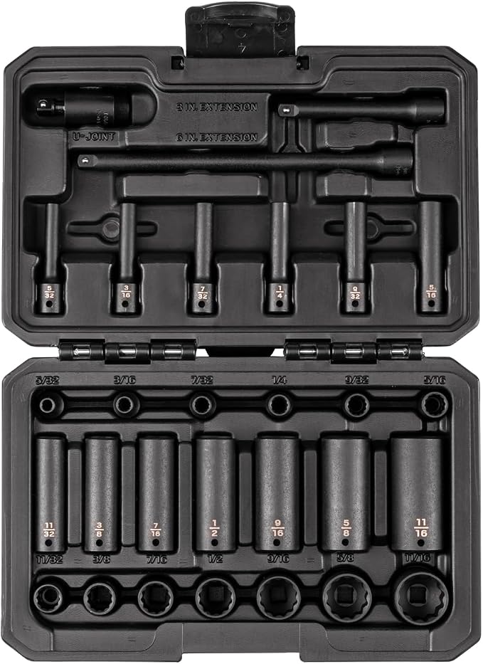 TEKTON 1/4 Inch Drive Impact Socket and Accessory Set, 29-Piece | SID90404 | (5/32 - 11/16 in.), Shallow and Deep, 12-Point, Case