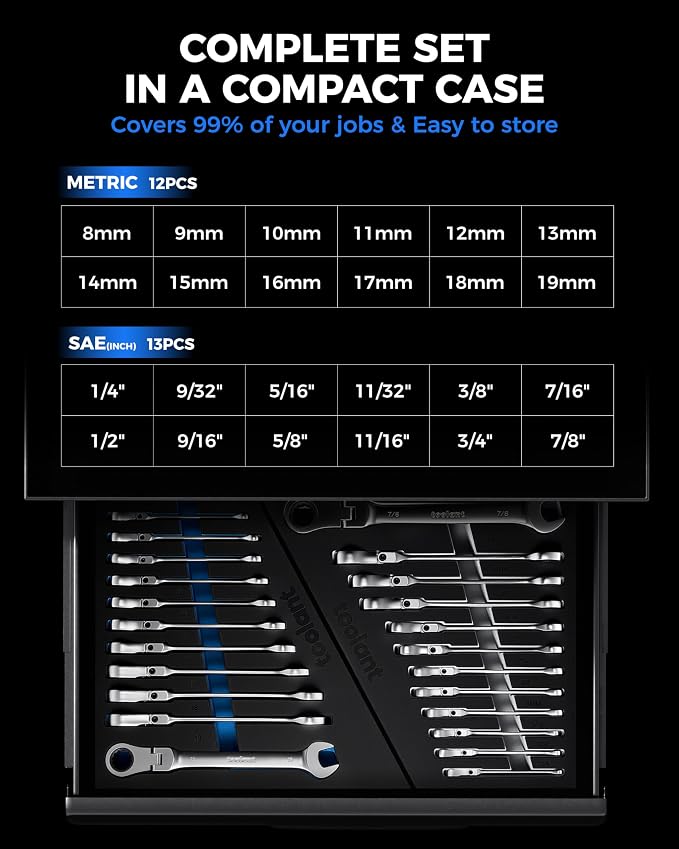toolant 24pcs Ratcheting Wrench Set, Flex-Head Ratchet Combination Wrench Sets with Switch Design, 8-19mm & 1/4"-7/8", 90-Tooth and 4°Swing, 24PCS with Storage Tray