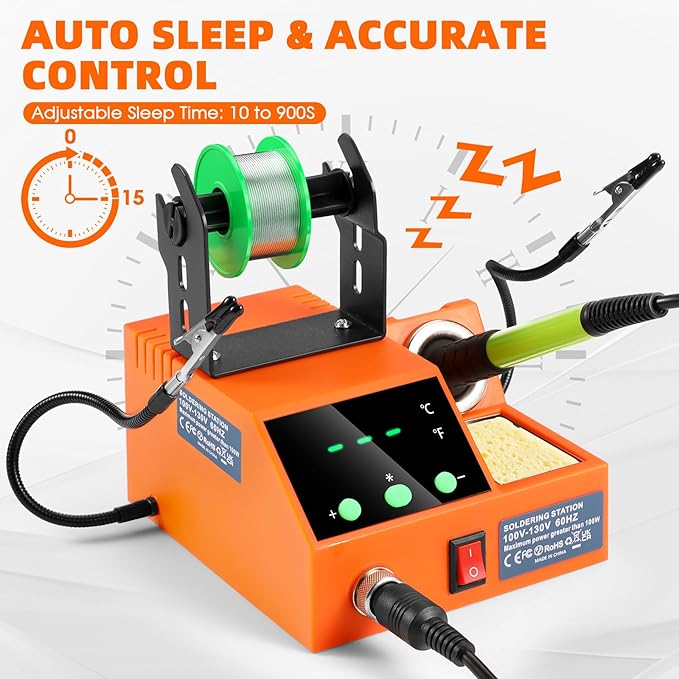 Soldering Station, 100W Digital Display Soldering Iron Station Kit with 2 Helping Hands, 356°F - 896°F, Auto Sleep, °C/°F Conversion, Solder Wire, Tips, Stand, Pump, Tweezers, Tip Cleaner, Orange