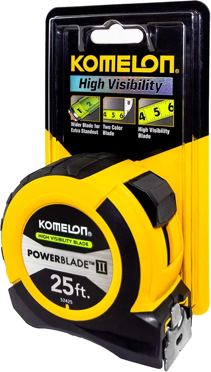 KOMELON USA 25' ABS POWERBLADE II WIDE BLADE TAPE MEASURE, Yellow/Black