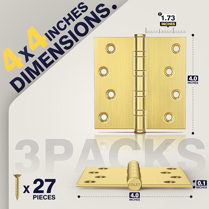 KOLET Ball Bearing Brushed Gold Door Hinges, 4 x 4 Inches Brass Gold Door Hinges, Square Corner, Stainless Steel Hinges, Heavy Duty, Smooth and Non Removable Pin, Brushed Gold, 3 Pack