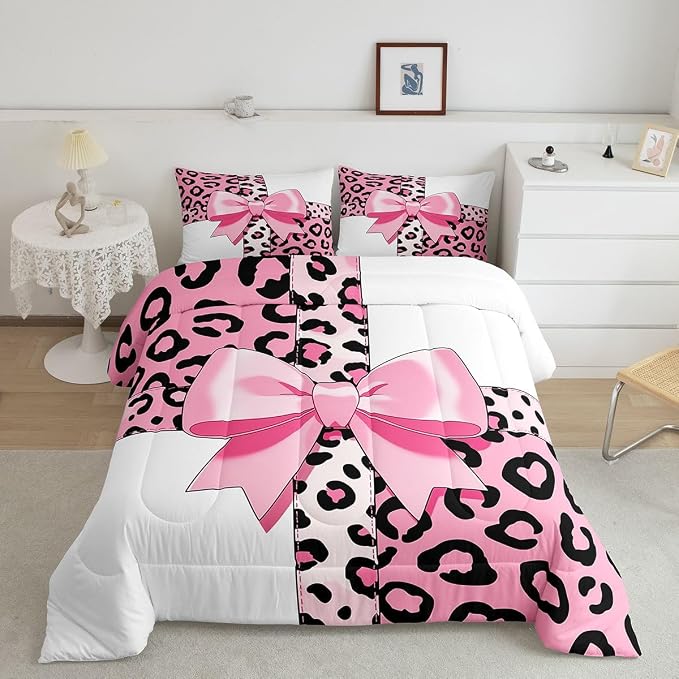 Feelyou Leopard Print Comforter Set King Size Leopard Bow Bedding Set for Kids Boys Girls Animal Fur Duvet Quilt Bedroom Decor Microfiber 3 Pcs with 2 Pillow Cases