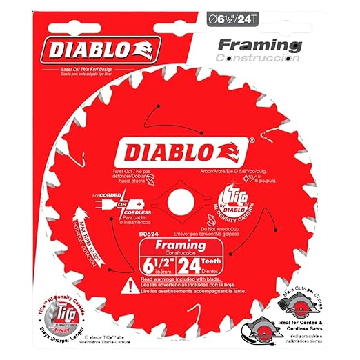 Diablo Framing Saw Blade for Wood - TiCo Hi-Density Carbide, Non-Stick Perma-Shield Coating, 6-1/2" Diameter, 24 Teeth, .059" Kerf - D0624X
