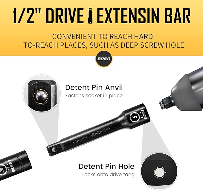 BOEN 35-Piece 1/2" Drive Deep Impact Socket Set - SAE 3/8"-1-1/4" & Metric 8-24mm, Extensions, Joint & Adapter, Cr-V Steel, Double Lock Case