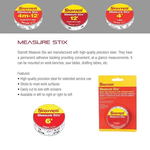 Starrett Measure Stix SM66W Steel White Measure Tape with Adhesive Backing, English Graduation Style, Left To Right Reading, 6' Length, 0.75" Width, 0.0625" Graduation Interval (1 PACK)
