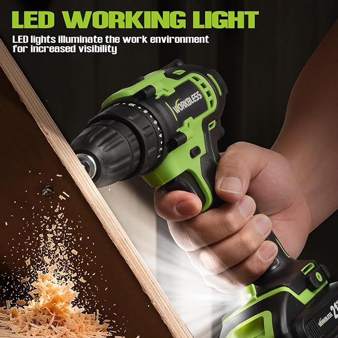 WORKBLESS 21V Power Drill Set, Cordless Drill with Battery and Charger, 3/8'' Keyless Chuck, Variable Speed, 18+1 Torque Setting and 28pcs Bits Tool Set(Green, 1 Battery)
