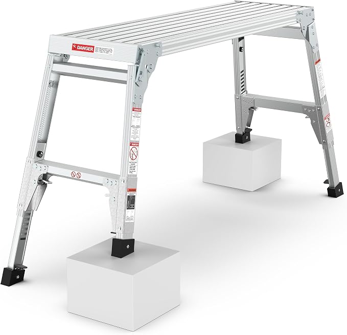 40" Aluminum Folding Work Platform/Step Stool with Telescoping Legs 22" - 27.5" Height Adjustable - 225 lbs, Non-Slip, Portable Ladder Bench for Washing, Painting