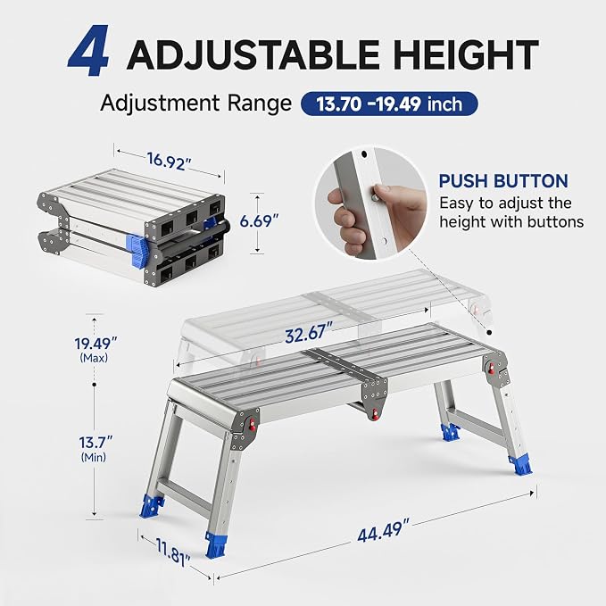 Loyoda Adjustable Folding Work Platform 500 lbs - Lightweight Aluminum Step Stool Ladder for Washing Vehicles, Cleaning, Painting, Reaching High Items | Standard Size 33" x 12" x 19.5”