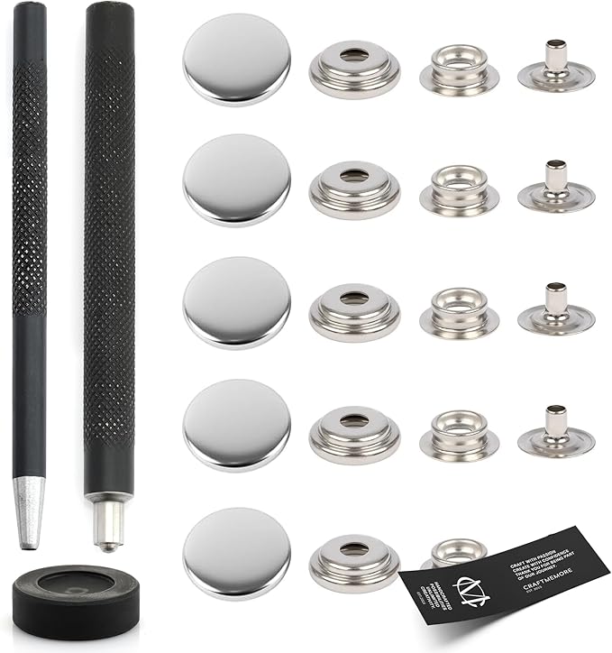 CRAFTMEMORE Snap Setter Fastener Kit Button Fixing Tool Ring-Socket Popper Setting Tool with 10 Silver Snaps #201 VT47 (15mm (0.59"))