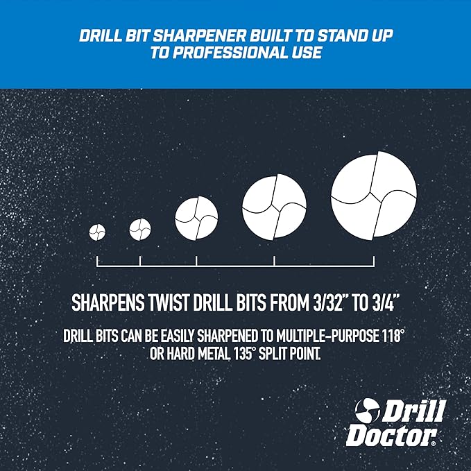 Drill Doctor DD750X Electric Drill Bit Sharpener, 3/32-3/4" High-Speed, Portable - Steel, Masonry, Carbide, Cobalt, Tin-Coated Bits, Adjustable Angles