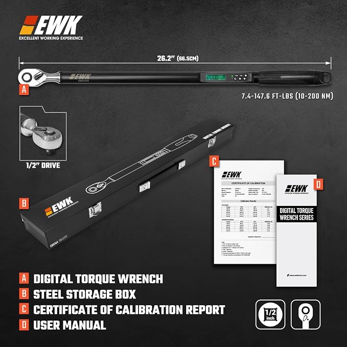 1/2 Inch Drive Digital Torque Wrench 7.4-147.6 ft-lbs (10-200 Nm) | IS0 6789, ±1.5% clockwise / ±2.5% counterclockwise, LCD Display, LED Buzzer Vibration Alert, 30 Memory Values