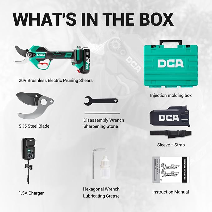 DCA Brushless 20V Battery Powered Electric Pruning Shears Cordless, 1.4" Power Pruner with SK5 High Carbon Steel Blade & 2.0Ah Batteries, Professional Tree Branch Cutter for Yard Tree Flower Trimming