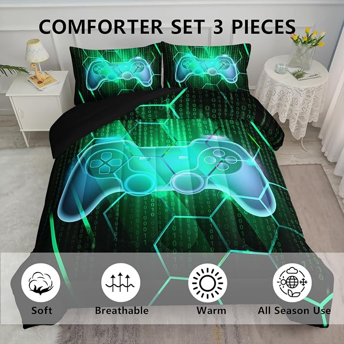 Axolotl Gamepad Comforter Set King Size,Number Video Gaming Gamer Bedding Set,Boys Game Console Comforter,Geometry Hexagonal Bedding for Teens Men Adults,1 Quilt 2 Pillowcases,Green Black