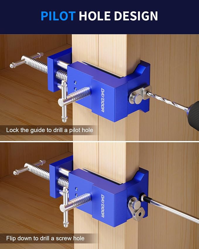DAYDOOR Professional Cabinet Installation Clamps 4 Pack, Heavy Duty Face Frame Alignment Tool with Integrated Drill Guide & EVA Protection, Woodworking Claw Clamps, Blue