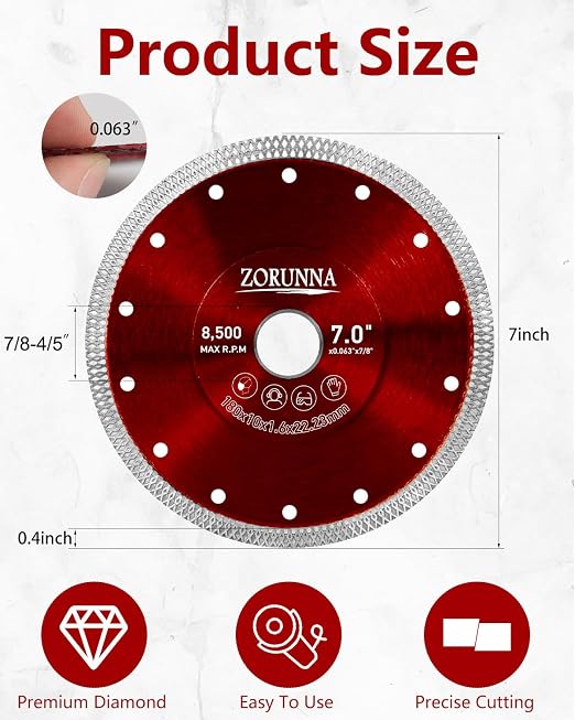 ZORUNNA 7 Inch Diamond Blade for Angle Grinder, Tile Grinder Saw Blade for Chip-Free Cuts on Porcelain, Ceramic, Granite, Marble.