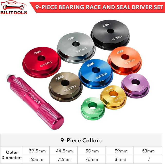 BILITOOLS Bearing Race and Seal Driver Set, 10 Piece Metric Bearing Press Kit with 1 Handle & 9 Adapters (39.5-81mm), Seal Installer Kit with Portable Storage Case