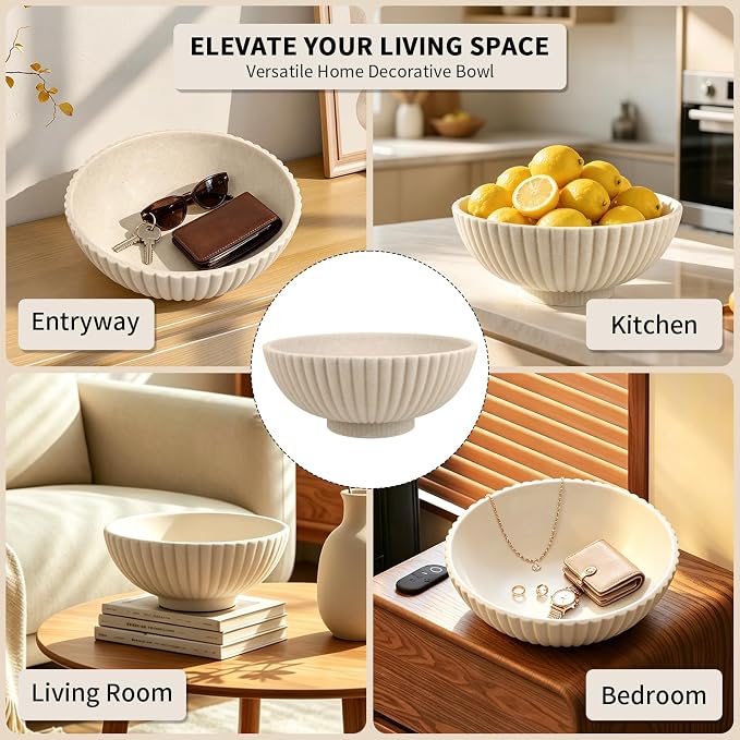 L'ARL GMVOI Large Decorative Bowl,Modern Handicraft Bowls for Home Decor,Fruit Bowl for Kitchen Counter,Stylish Key Bowl for Entry Table,Artificial Stone Beige