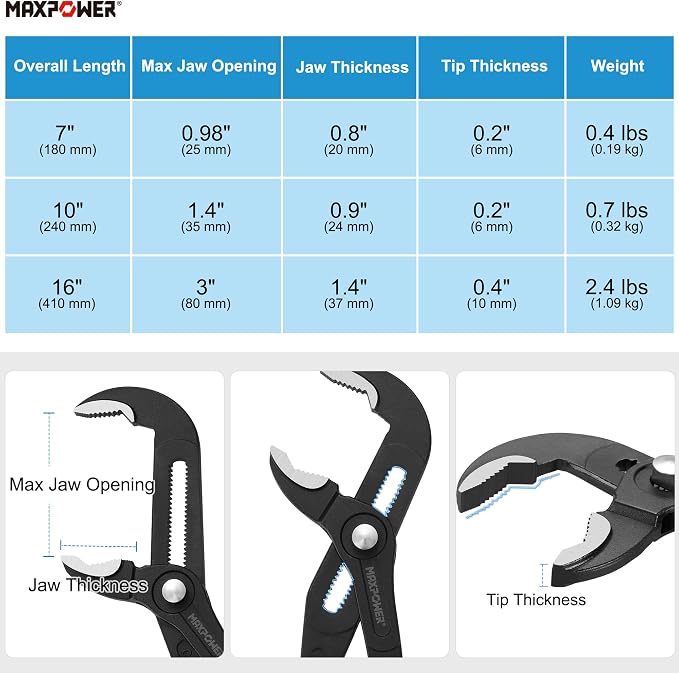 MAXPOWER 3-Piece Water Pump Pliers Set – 7" 10" 16" Tongue and Groove Pliers with Push Button Quick Adjustment | Plumbing Tool for Homeowner Plumber HVAC Mechanic | Includes Carrying Bag
