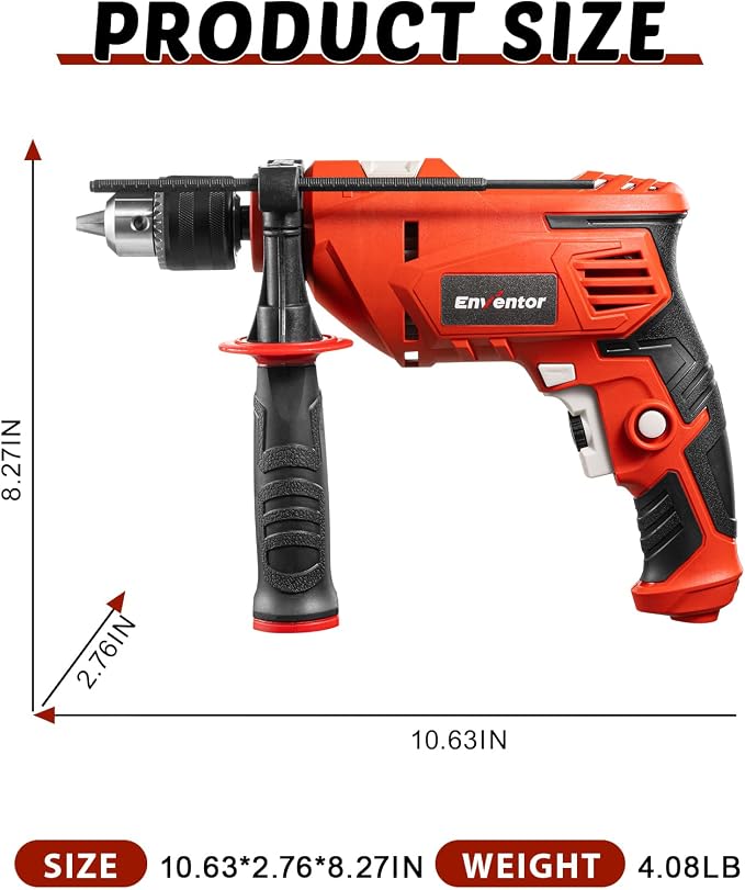 Enventor 7.5 Amp Hammer Drill, 1/2 Inch Electric Drill Hammer, 900W 0-3000RPM Variable Speed, 360° Auxiliary Handle, Lightweight Corded Hammer & Drill 2 in 1 Functions with 9pcs Bit for Metal, Wood