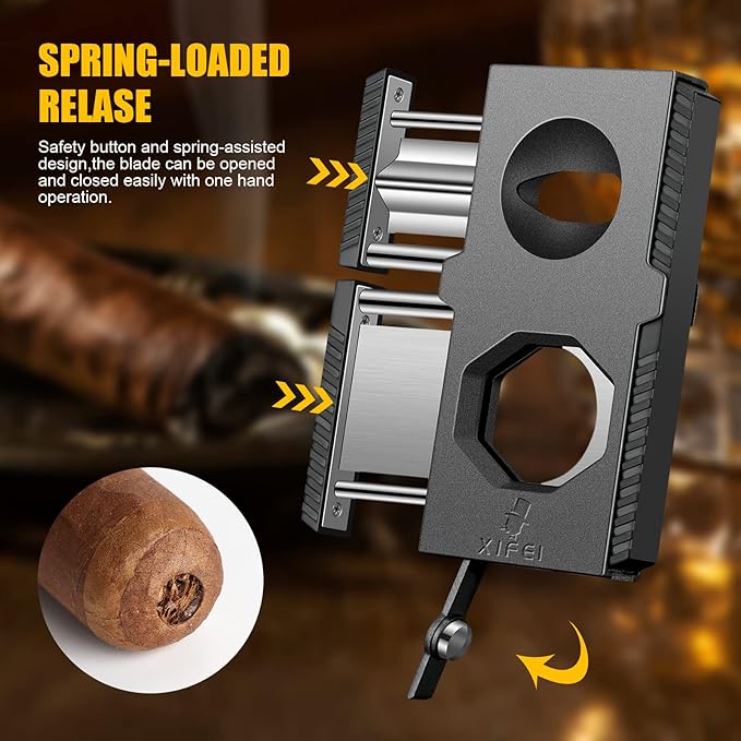 XIFEI Cigar Cutter V-Cut Guillotine 3 in 1 Straight Cut V Cutter with Cigar Punch Stainless Steel Blade Ergonomic Design Secure-Lock Cigar Clipper,Cuts Up to 60 Ring Gauge Cigars (Black)
