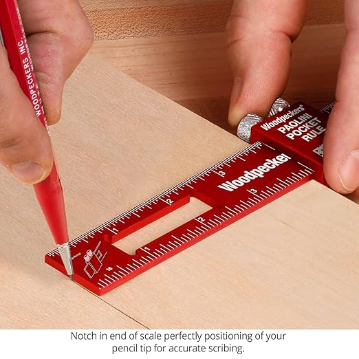 Woodpeckers Paolini Pocket Rule, Aluminum, 6" / 150mm Combo, Woodworking Ruler with Sliding Stop, Vertical End Scale, Scribing Notch, Engraved Scale