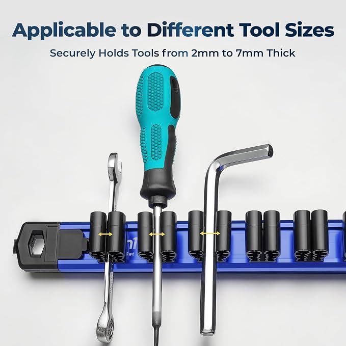 Reniteco Magnetic Screwdriver & Wrench Organizer, 12-Slot Tool Holder | Heavy-Duty Aluminum Alloy Rail Tool Holder, Flexible High-Tension Tool Clips, Magnetic Base, Tool Box Drawer or Wall Mount