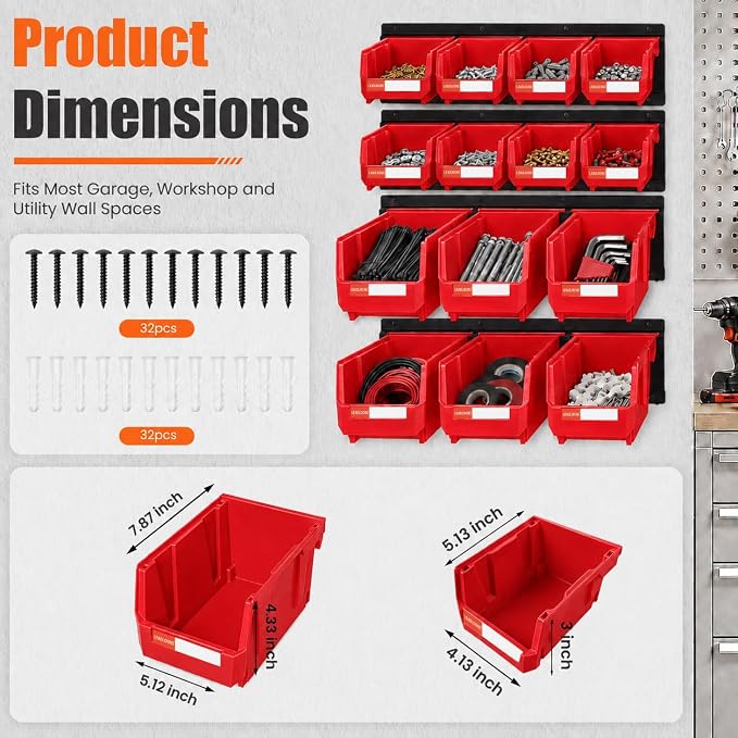 14pc Wall-Mounted Storage Organizer Mixed V1 V2 Combo Red | Heavy duty metal rails multi-size bins combo pack for garage tools, screws, hardware & batteries.