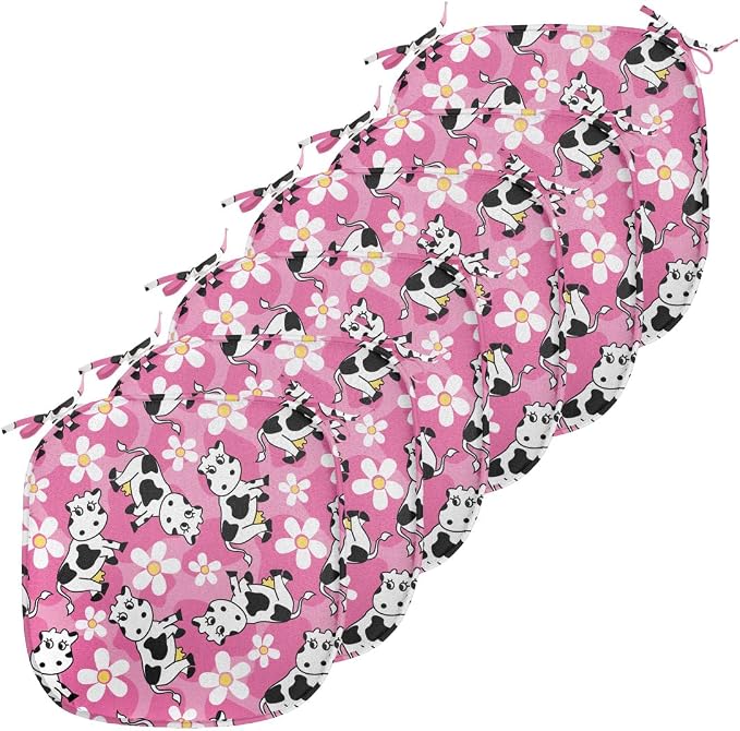 Lunarable Cow Chair Seating Cushion Set of 6, Cartoon Pattern Domestic Farm Animal and Daisy Flowers, Anti-Slip Seat Padding for Kitchen & Patio, 16"x16", Pink Charcoal Grey