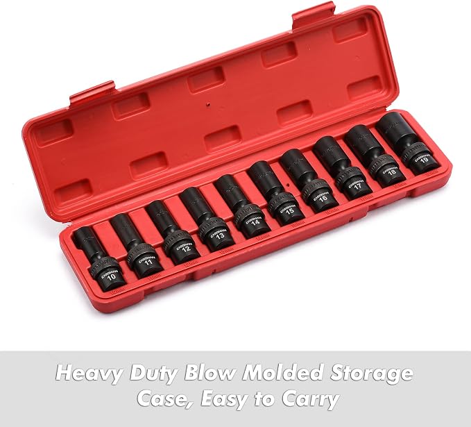 CASOMAN 10 PCS 3/8" Drive Deep Standard Universal Impact Socket Set, 6 Point, CR-MO, Metric,10-19mm