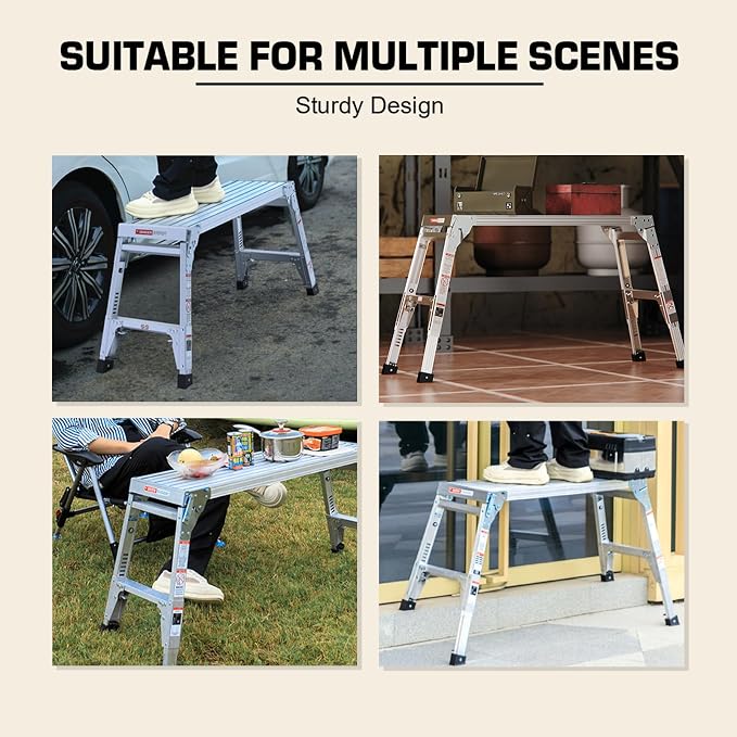 40" Aluminum Folding Work Platform/Step Stool with Telescoping Legs 22" - 27.5" Height Adjustable - 225 lbs, Non-Slip, Portable Ladder Bench for Washing, Painting