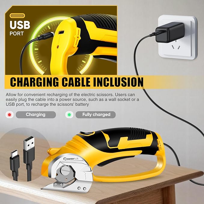 SakerPlus Cordless Electric Scissors, 4V Cardboard Cutter, Box Cutter - 2 Blades, 1 Storage Bag, Safety Lock & LED Light, Rechargeable Power Rotary Cutter for Box Carpet Fabric Plastic Leather