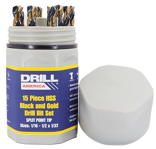 Drill America 15 Piece Heavy Dutyy High Speed Steel Drill Bit Set with Black and Gold Finish in Round Case (1/16" - 1/2" x 32nds), KFD Series