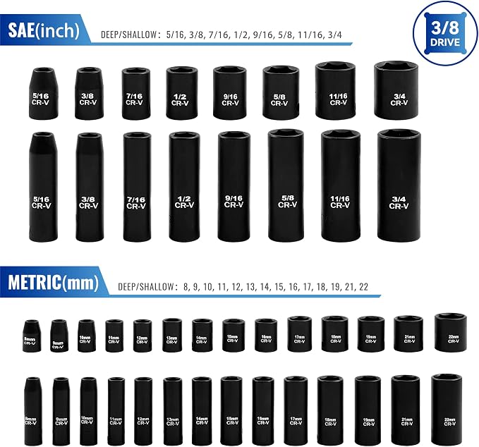 Reniteco 50-Piece 3/8" Drive Socket Set, SAE 5/16"-3/4", Metric 8-22mm, Cr-V