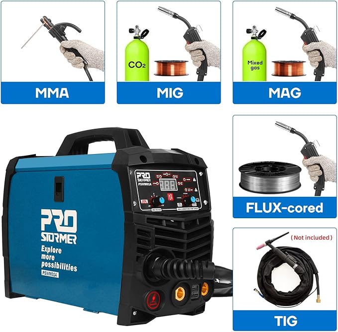 Prostormer Welding Machine, MIG/TIG/MMA 3 in 1 Multifunctional Welder with Digital Display, Electrode Holder, Earth Clamp, Input Power Adapter Cable and Brush